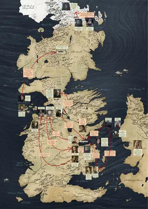 Westeros and the events and characters of 'A Clash of Kings' - Designed by Cath Murphy for LitReactor.com, using the available map from HBO.com