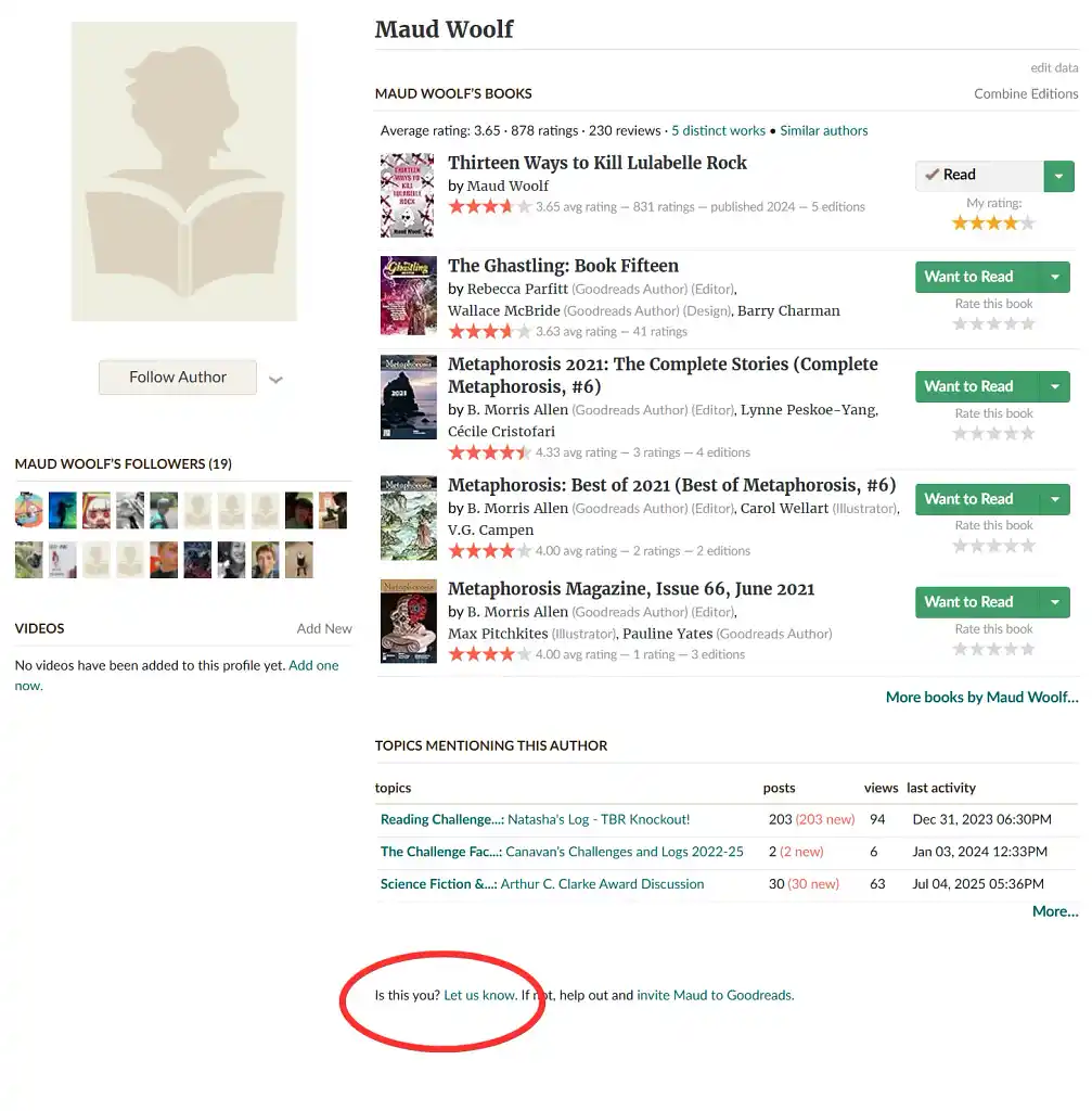 An unclaimed Goodreads author profile with "Is this you?" circled