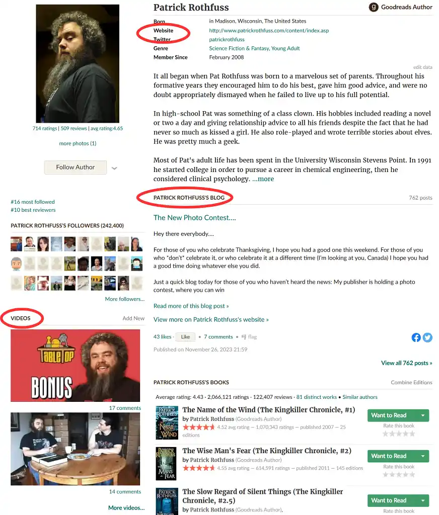 Patrick Rothfuss' Goodreads author profile
