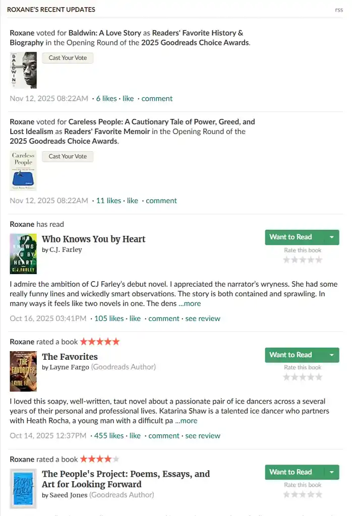Roxane Gay's recent Goodreads activity (November 2025)