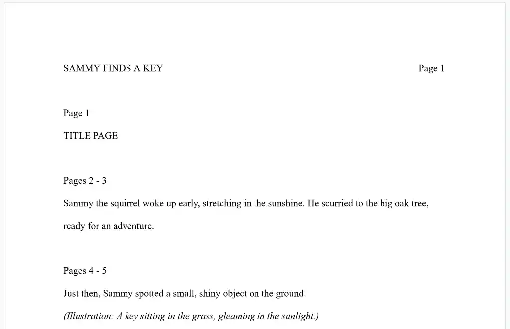 Page 2 of a fake children's book manuscript.