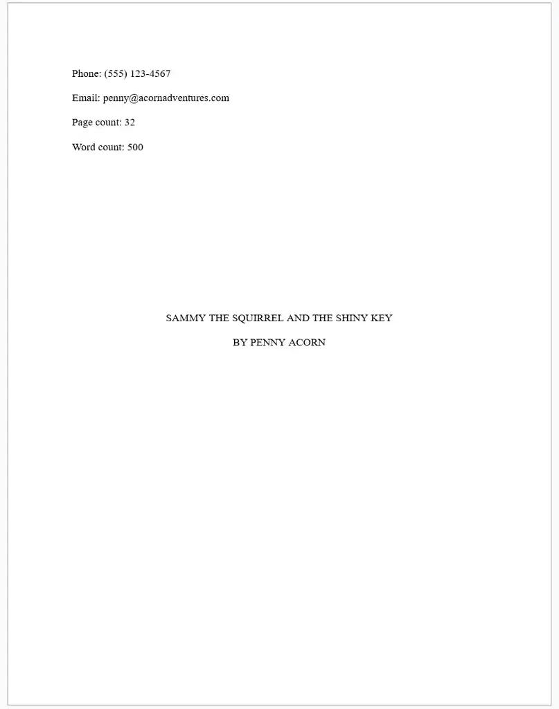 Sample title page for a fake children's book manuscript.