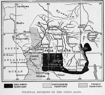 Congo Free State map from HM Stanley's 1885 book "The Congo and the founding of its free state; a story of work and exploration (1885)"